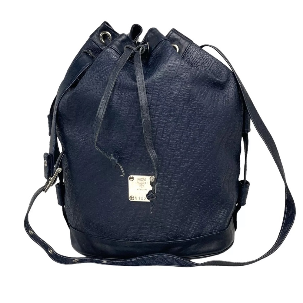 AUTH MCM Black Leather Bucket Shoulder Bag Handbag Tote Drawstring